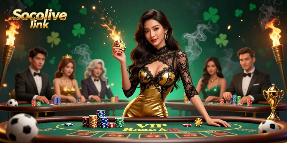 Play and win with Socolive link, showcasing a confident Asian woman at a baccarat table amid vibrant sports betting elements.