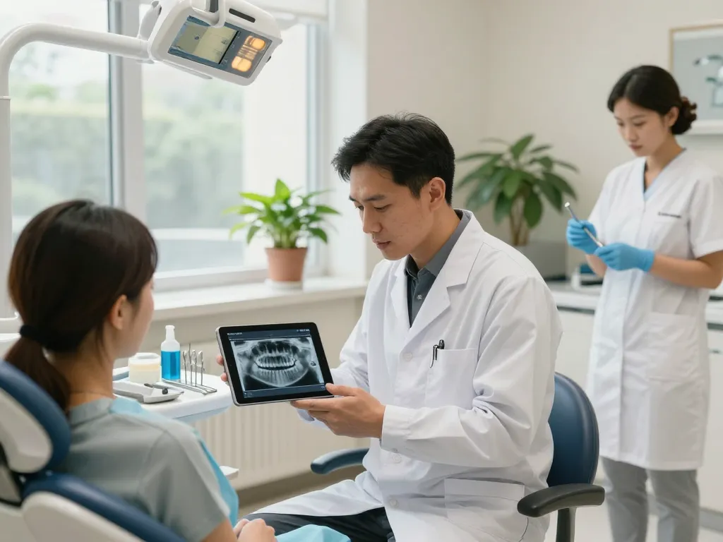 Dentists news update: dentist consulting with patient in a modern clinic setting, highlighting tools and technology.