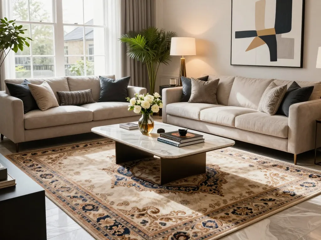 Elegant living room with luxury carpets London, designer sofa, and natural light.