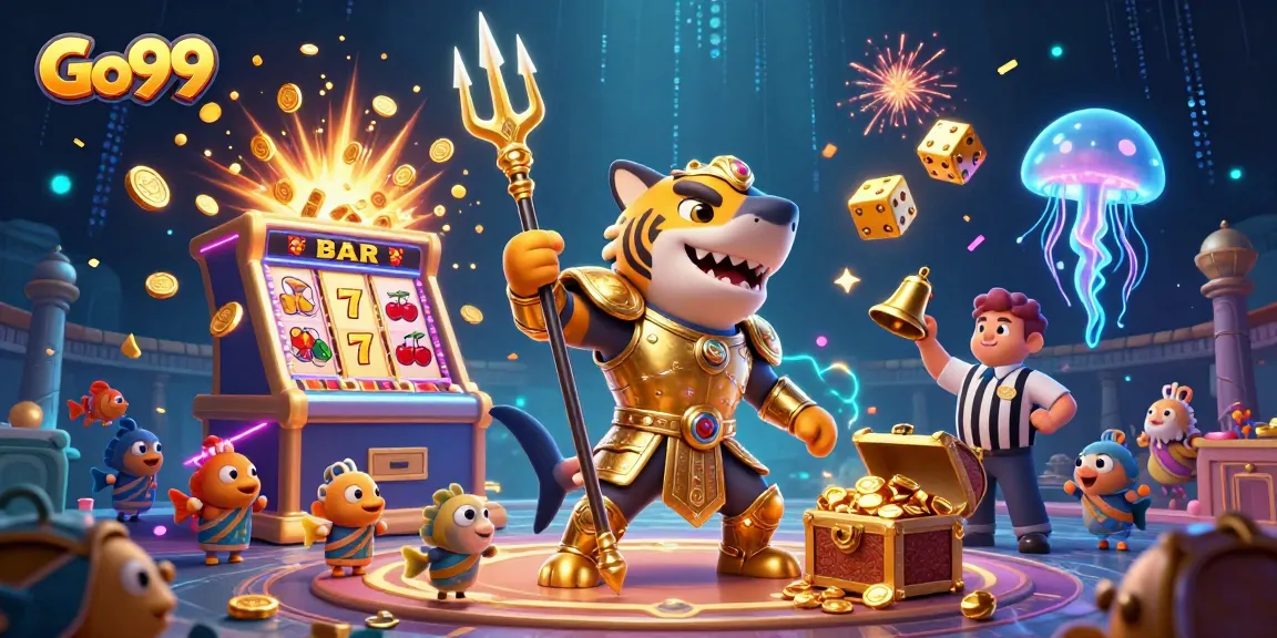 Experience thrilling gameplay at Go99 with a vibrant underwater casino scene featuring a shark gladiator.