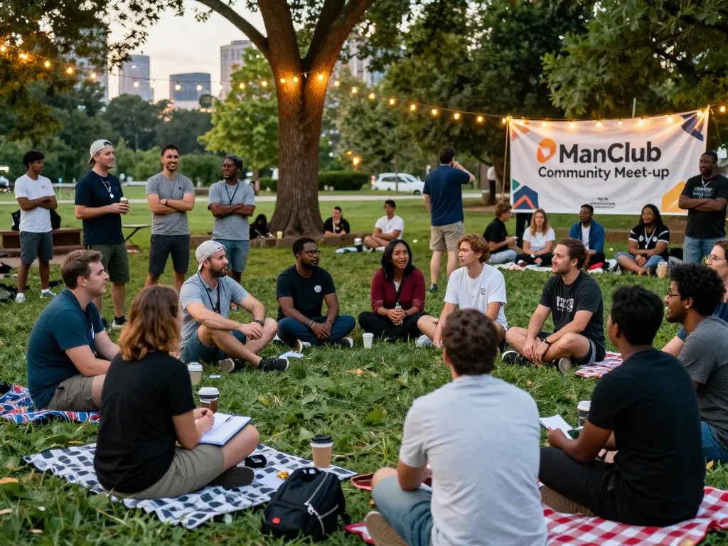 Men engaging in conversation at a ManClub community gathering in a park.