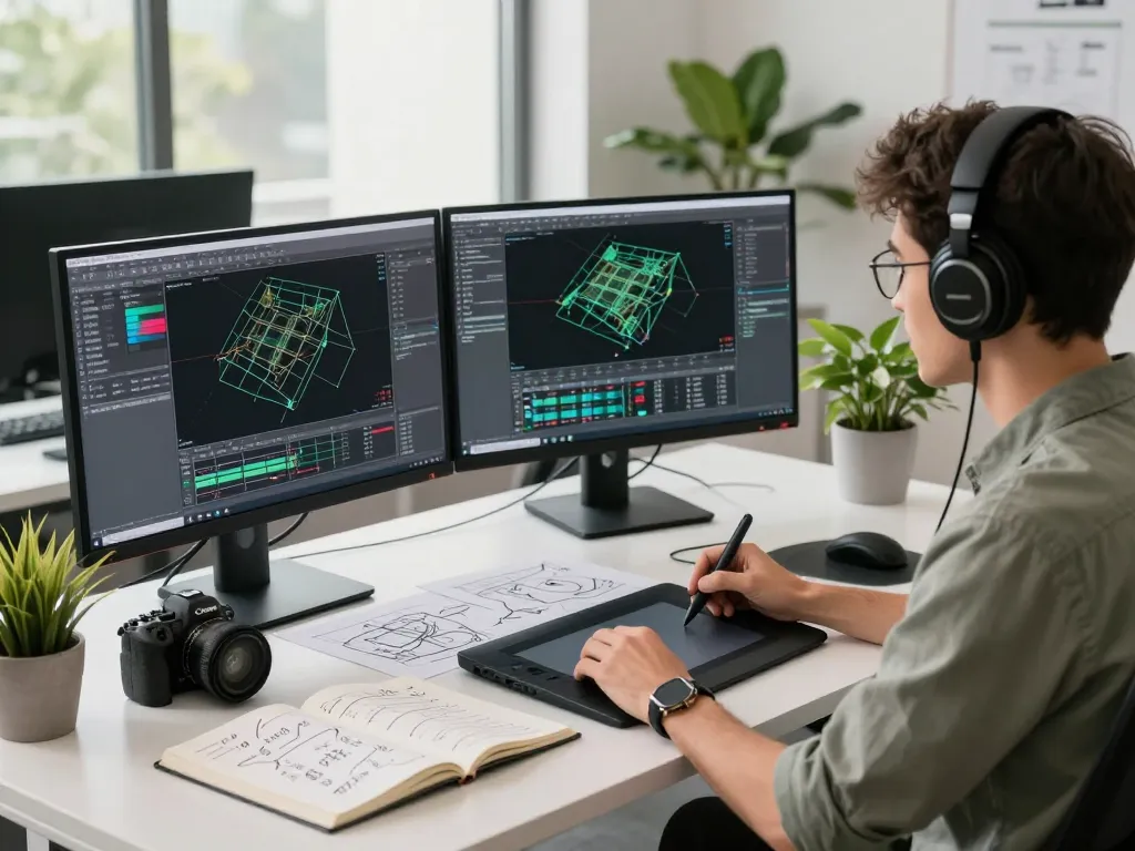 3D Model generator in an innovative tech workspace with a developer using CAD software and design tools.