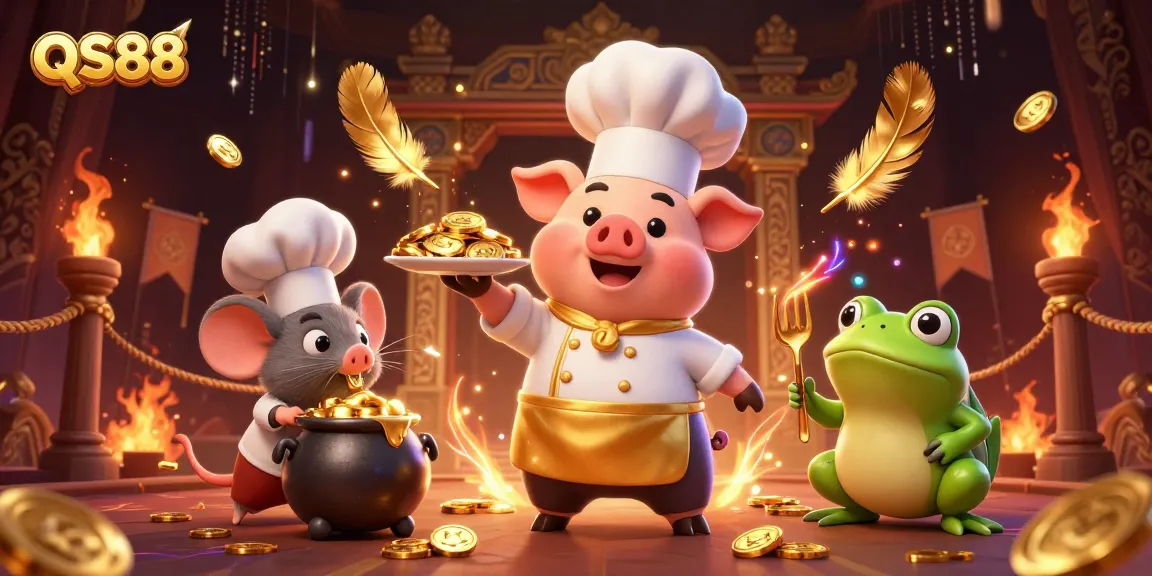 Bet big with QS88 as a chef pig serves gold coins, showcasing vibrant casino excitement.