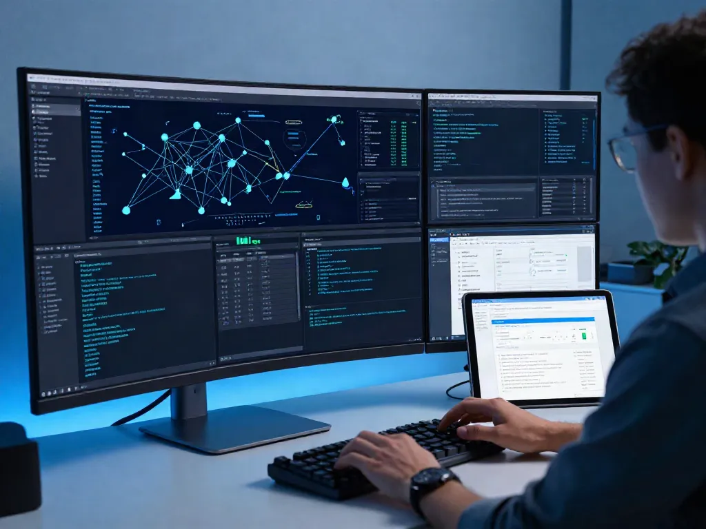 Network penetration testing workspace with advanced cybersecurity tools and monitors.