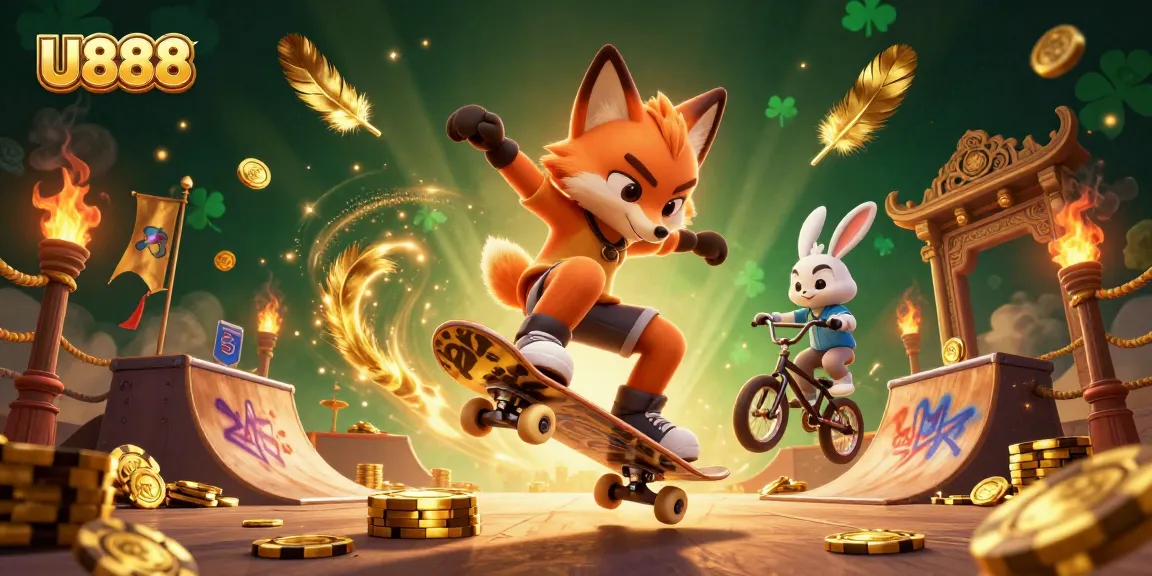 Experience thrilling gameplay with U888 as a cartoon skateboarder fox embarks on a daring kickflip in a vibrant casino setting.