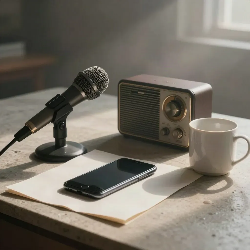 Moody morning news kit on pale stone with microphone, phone, radio, paper block and mug in post-rain light.