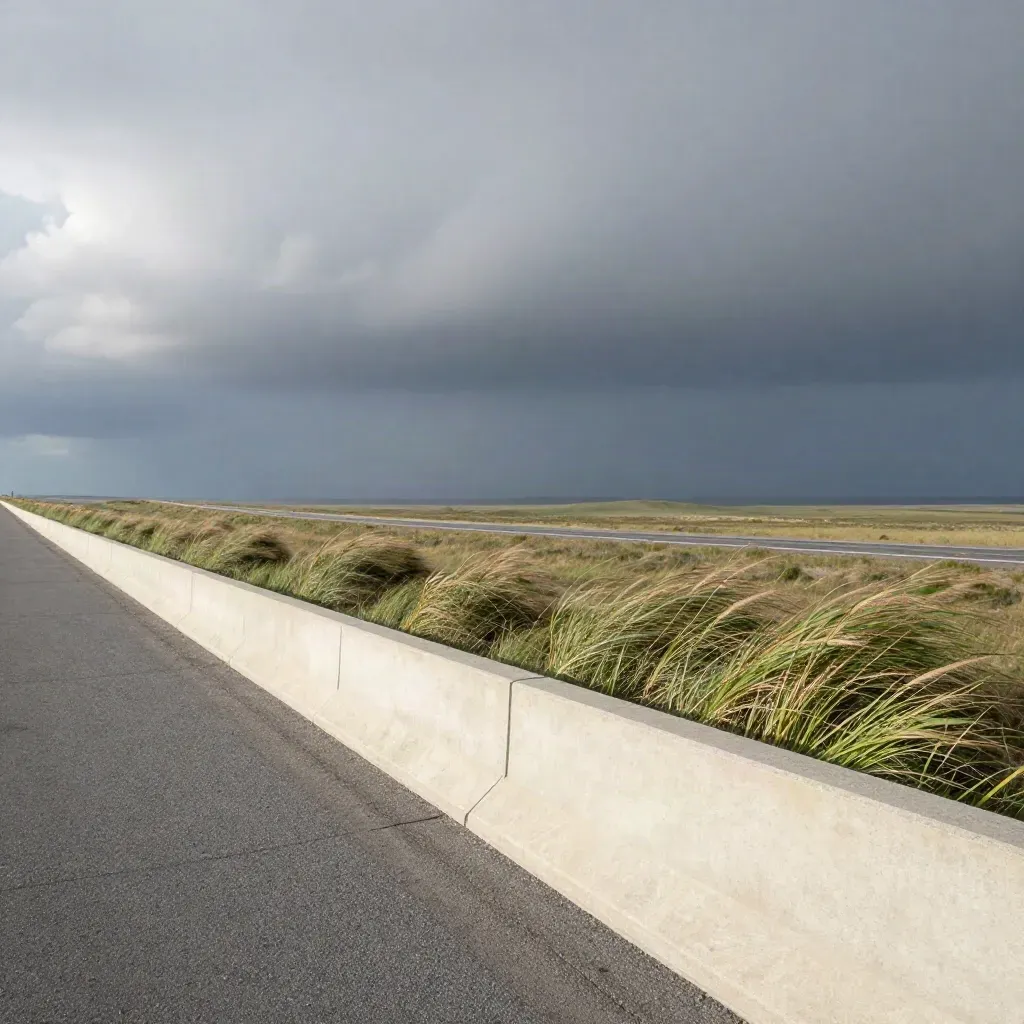 Storm shelf rolling over a roadside overlook with wind-bent grasses and a distant highway