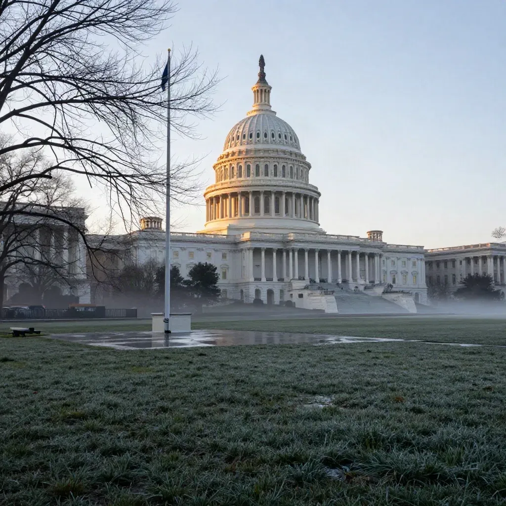Capitol dome at dawn beyond bare trees, flagpole and wet winter lawn in cool mist.