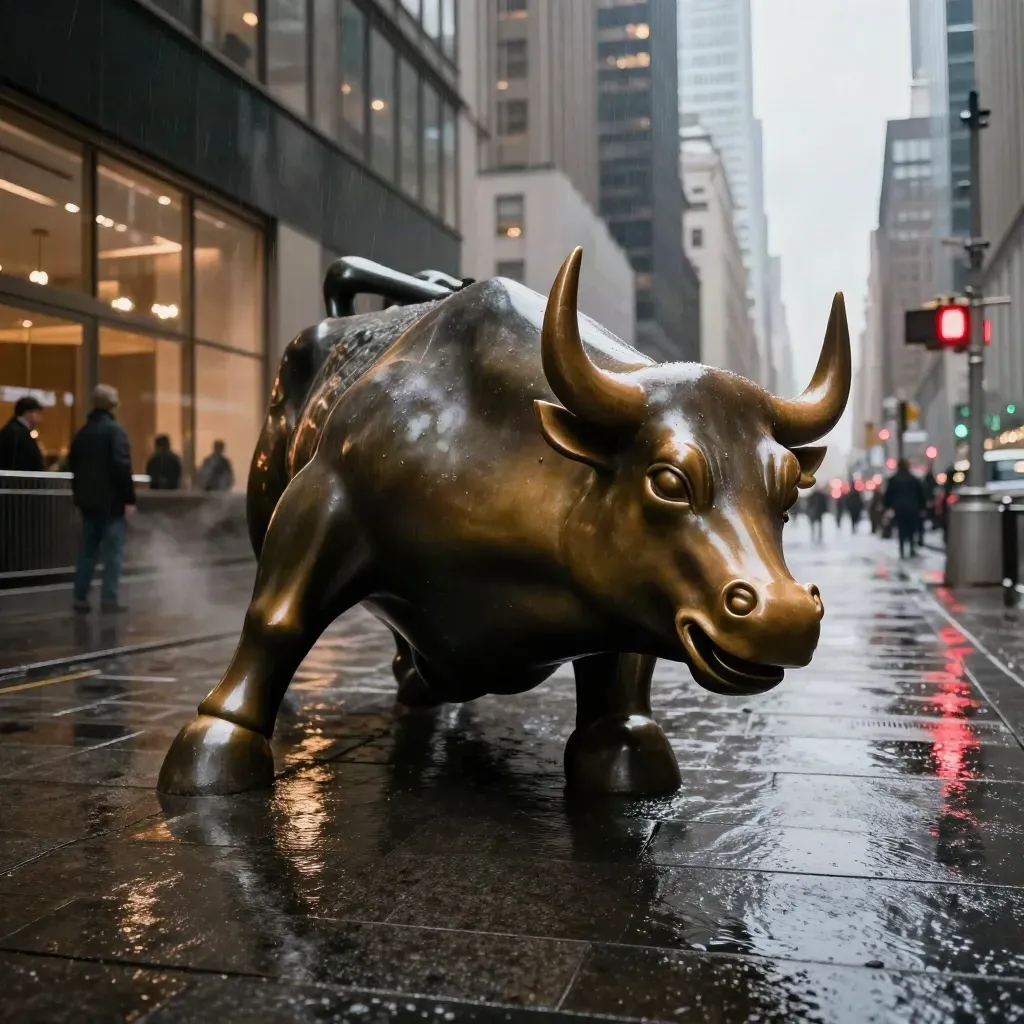 Rainy Wall Street bull by mirrored towers at market close, wet granite and warm amber reflections