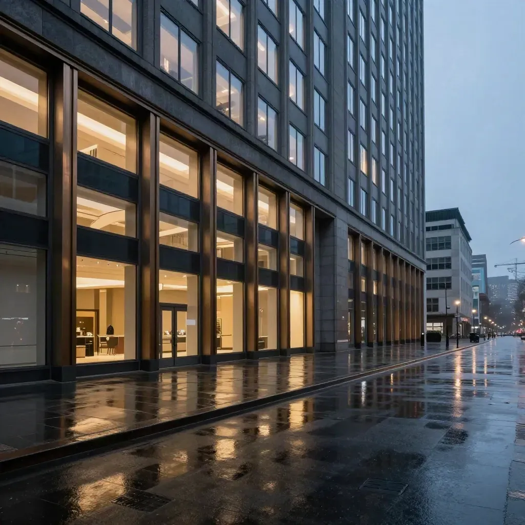 Blue-hour exchange facade with lit windows and rain-slick street reflections