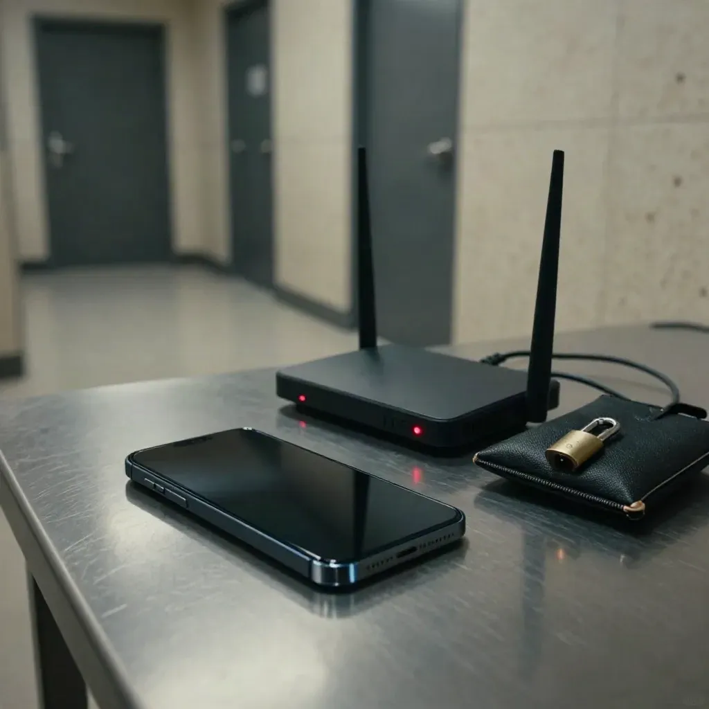 Dark phone, router, cable, and privacy pouch on a metal table in a dim corridor