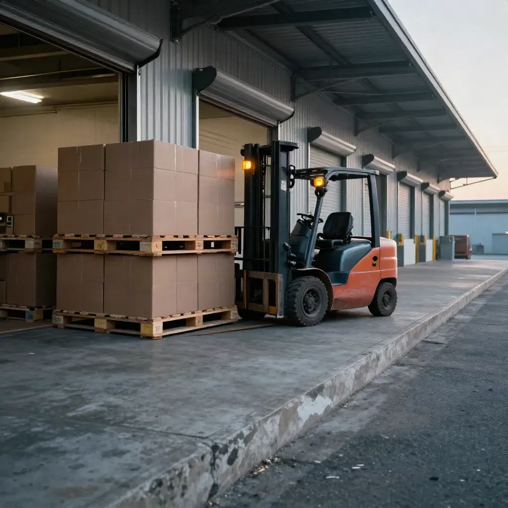 Early warehouse loading bay with forklift, cardboard pallets, and dawn dock lights in haze.