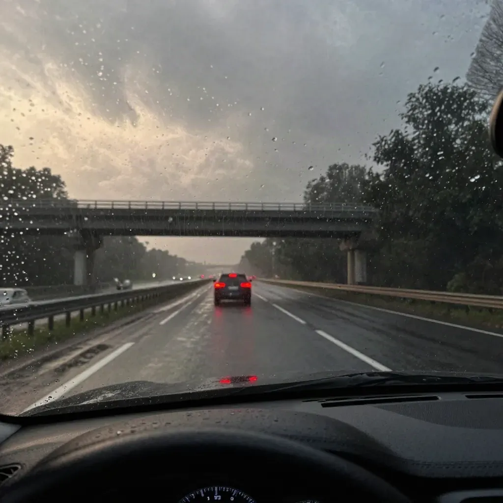 Rainy highway seen through a wet windshield, taillights streaking past an overpass in heavy shower light.