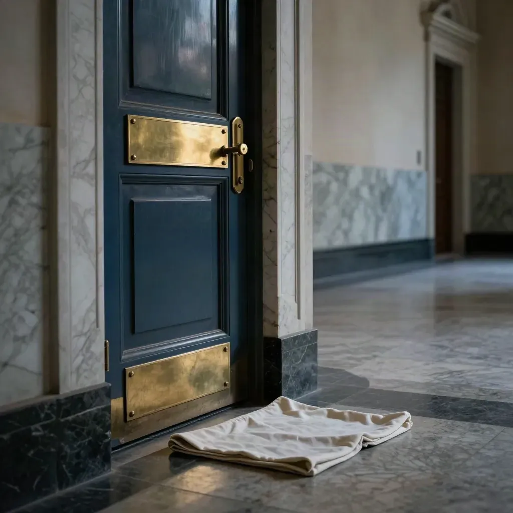 Closed committee-room doors in a marble hallway with a folded flag cloth at the base.