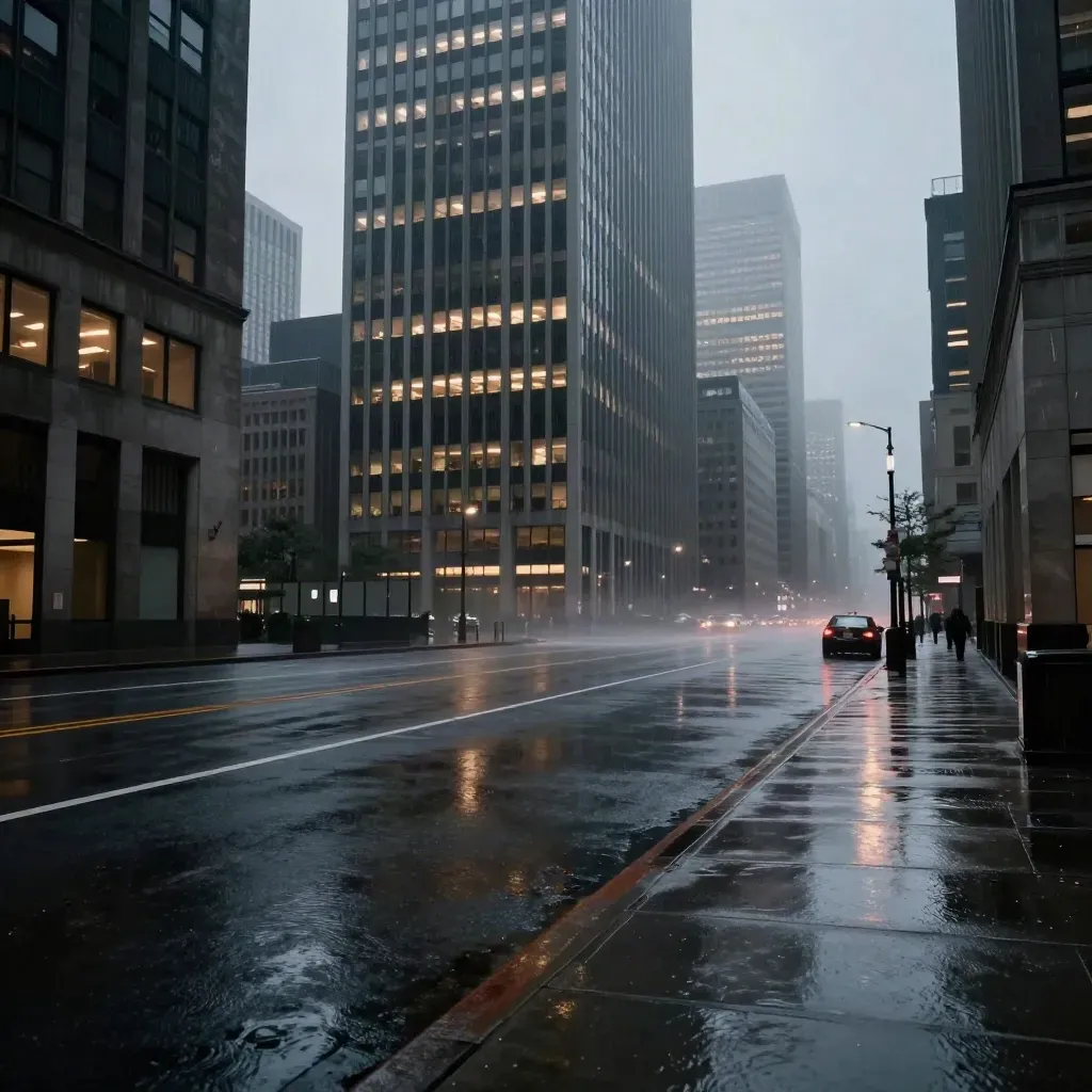 Rainy business district street with glowing towers and reflective wet asphalt at dusk