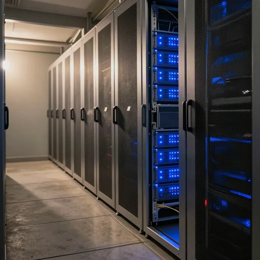 Quiet data-center aisle with glowing blue server racks and a coiled cable