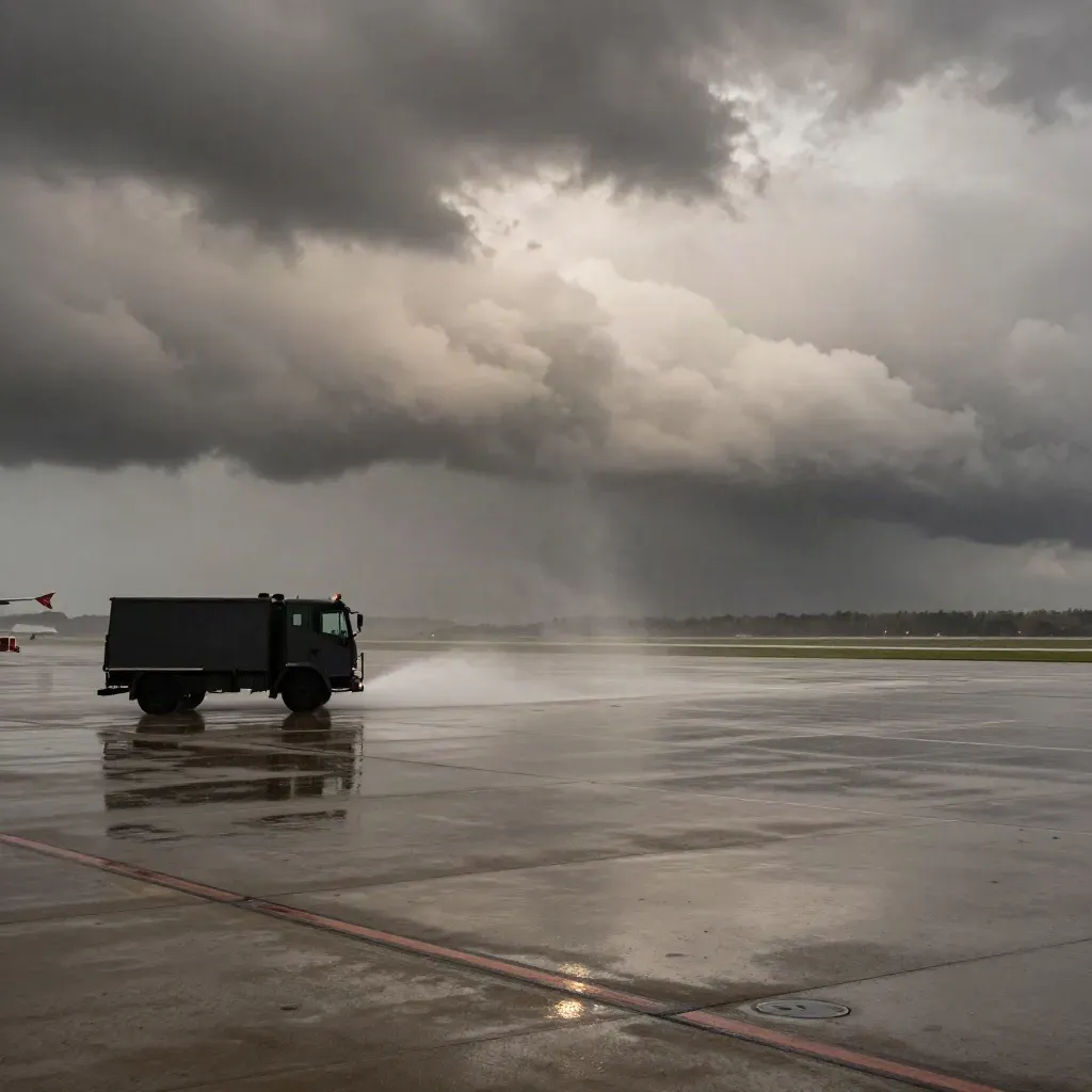 Rain-slick airport tarmac under a fast storm front, with a service vehicle silhouette and low cloud bands.