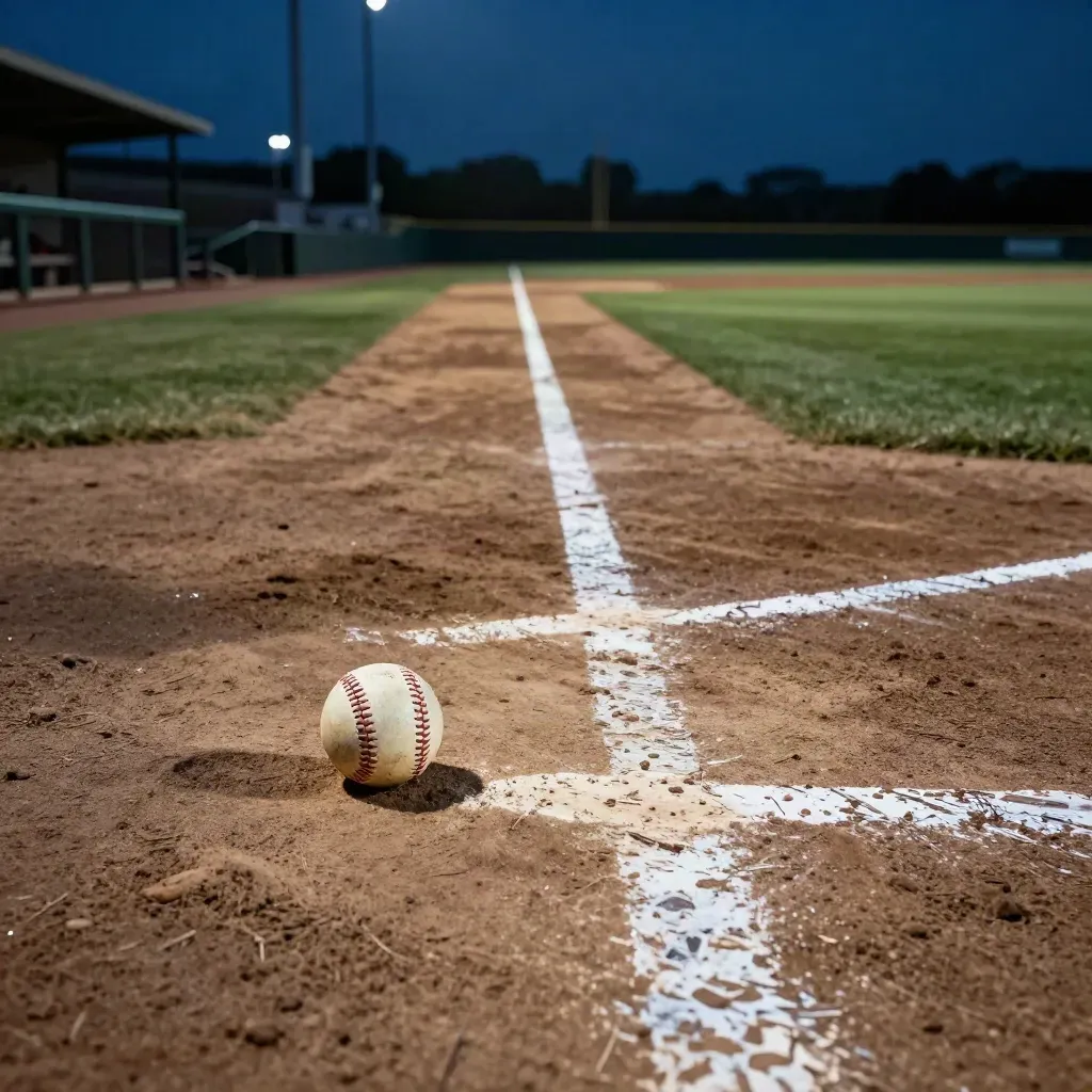 Low-angle baseball field with chalk lines, dugout shadow, and ball on the warning track.