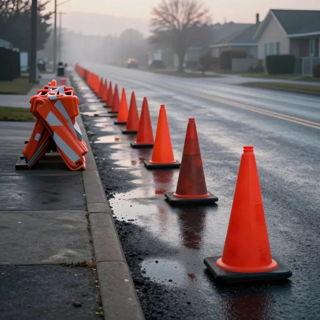 Wet suburban roadwork lane with cones, barriers, and a detour barricade in gray dawn mist.