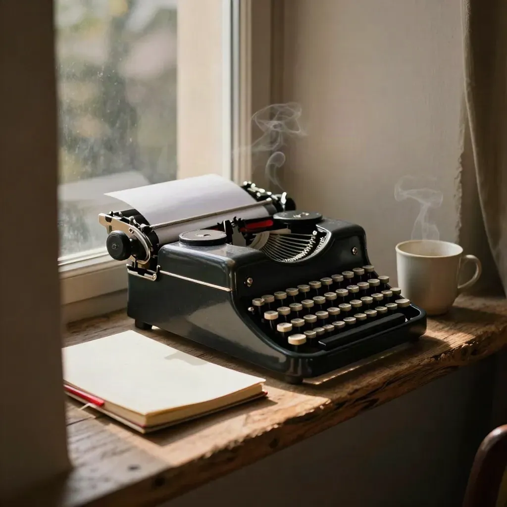 Vintage typewriter, closed notebook, and steaming cup on a sunlit window ledge