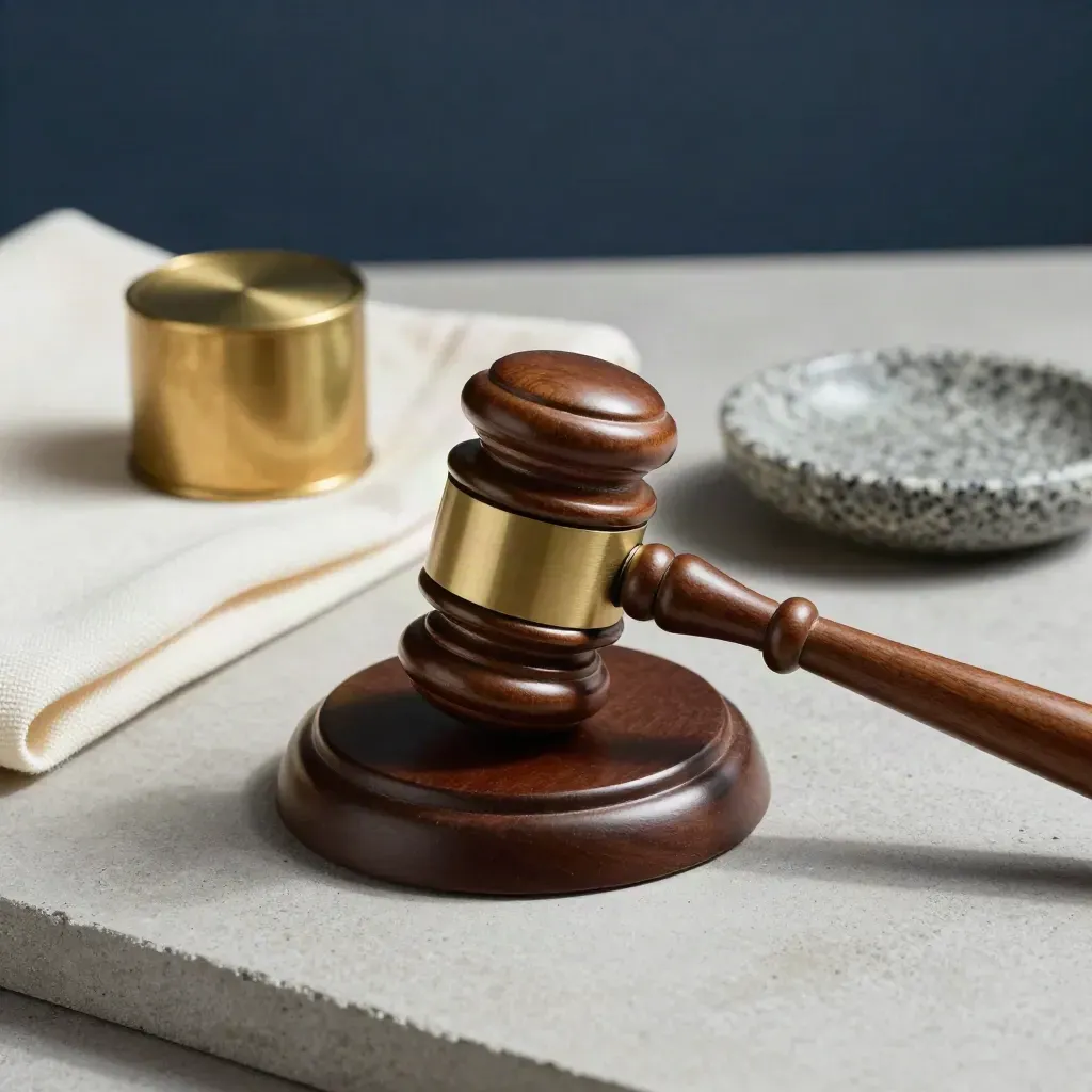 Political still-life with gavel, folded cloth, brass paperweight and stone dish on concrete.