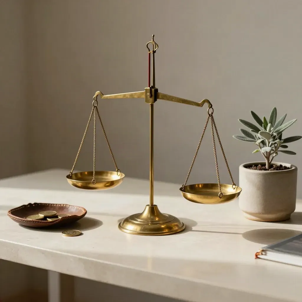 Brass balance scale with leather coin tray and ceramic planter on a pale plaster desktop.