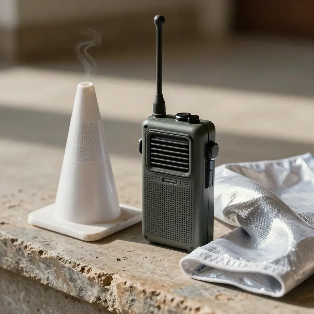 Weather radio with raised antenna beside a small traffic cone and folded reflective cloth on stone.