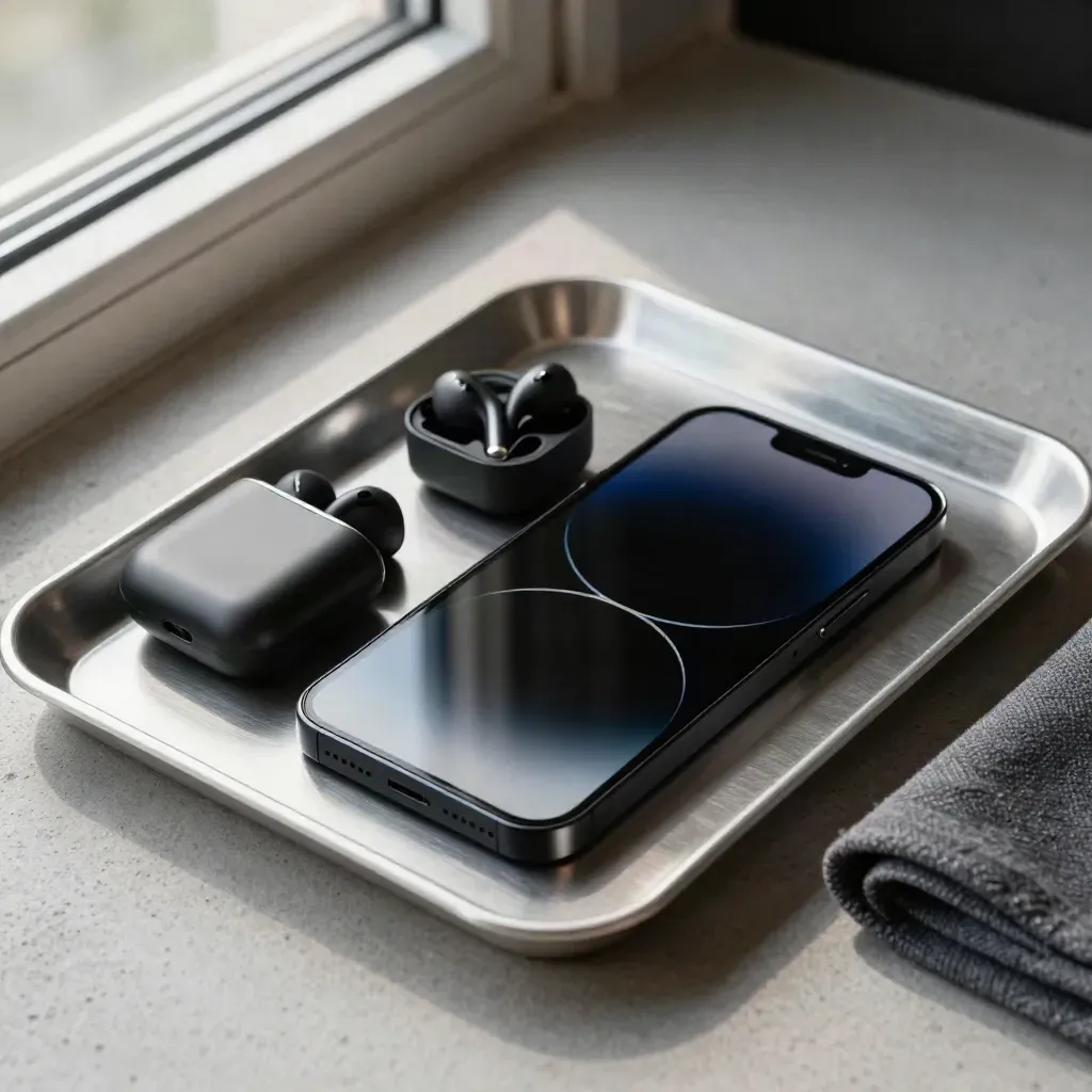 Top-down still life of a smartphone, earbuds, charging puck, and slate cloth on brushed metal.