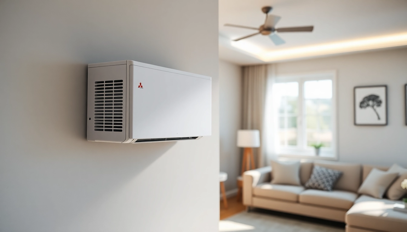 Showcase of a Mitsubishi mini split AC installed in a stylish living room, highlighting modern technology and comfort.