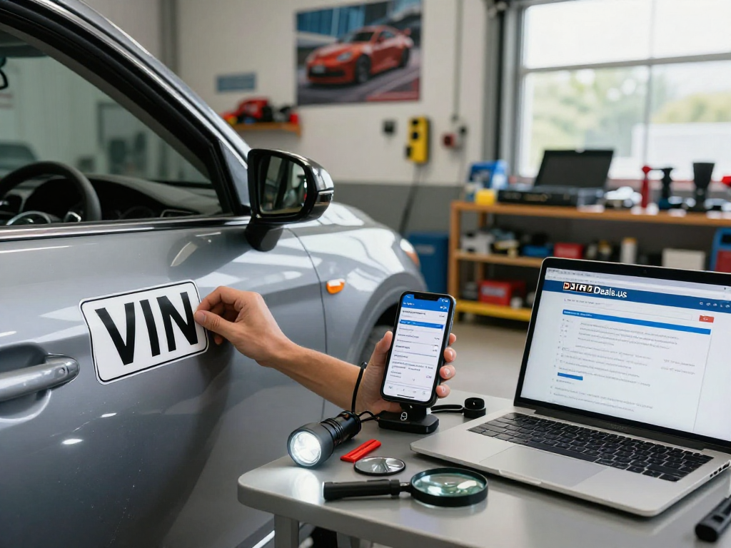Verify VIN with Carfax Verify VIN report during vehicle inspection in an automotive garage.