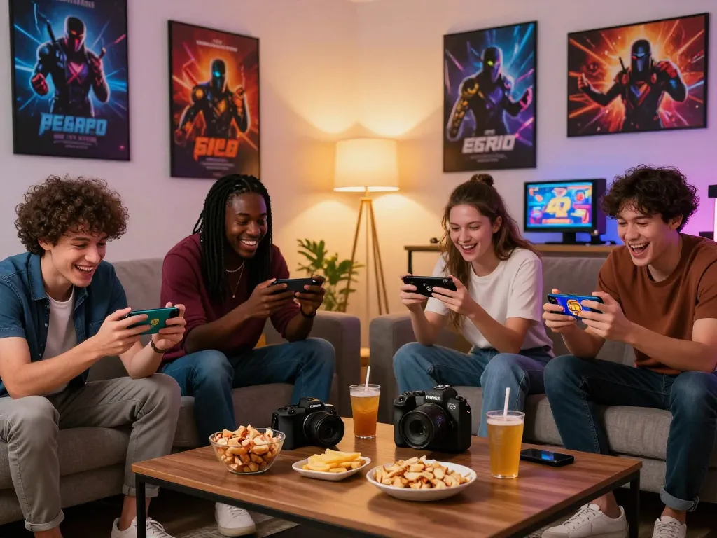 Group of friends enjoying เบทฟลิก online slots in a lively living room with gaming decor.