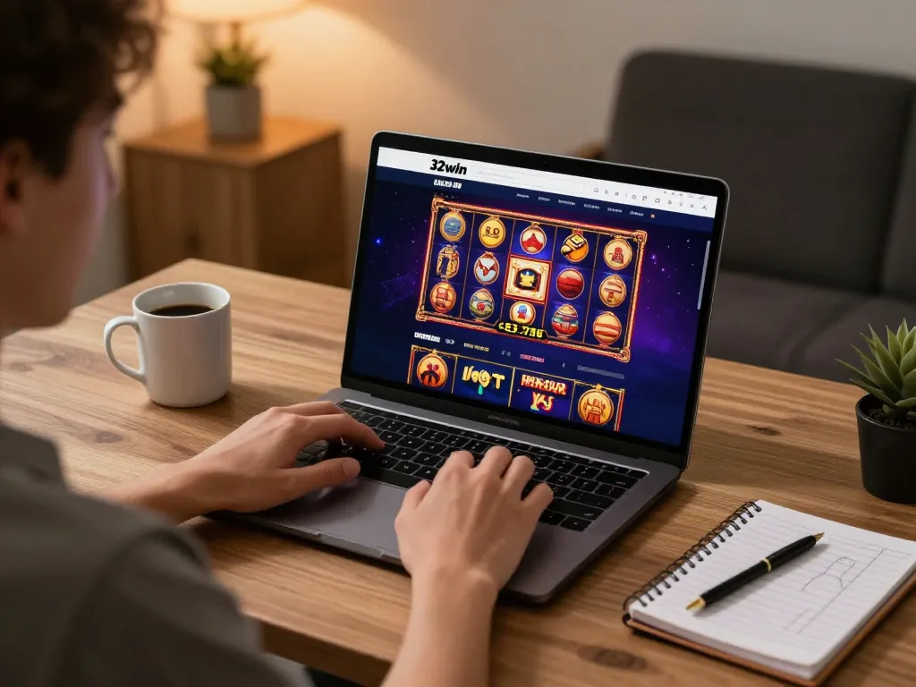 Engaging in online gaming at 32win with vibrant slots displayed on screen, cozy home atmosphere.