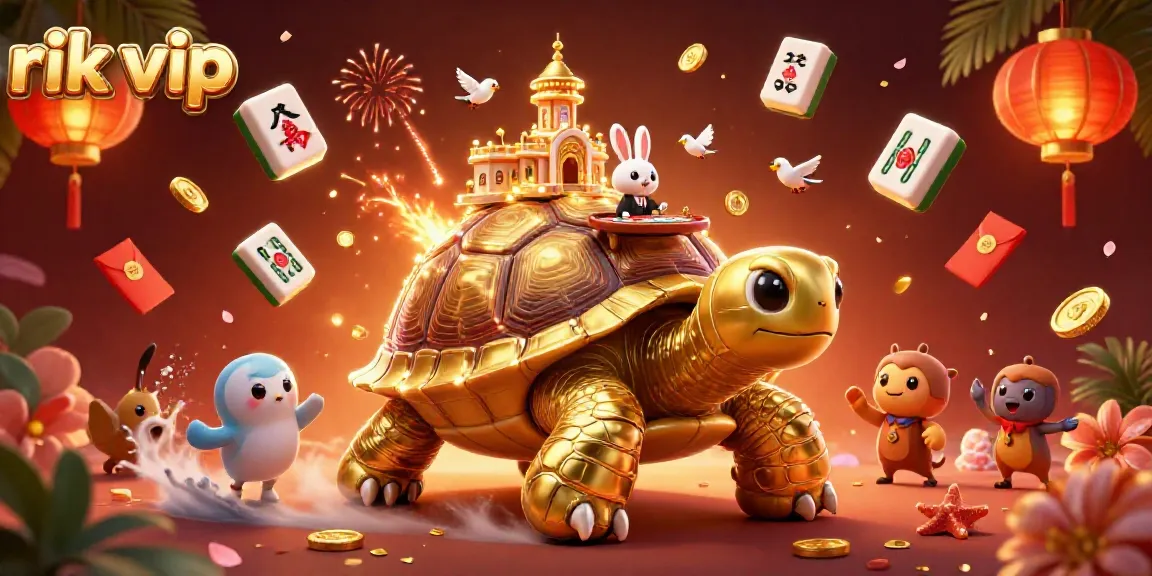 Experience thrilling moments with rik vip at a whimsical 3D casino scene featuring a golden tortoise and lively elements.