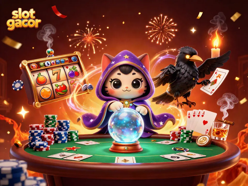 Experience slot gacor with a vibrant 3D scene of fortune teller cat, raven, and dynamic gaming symbols.
