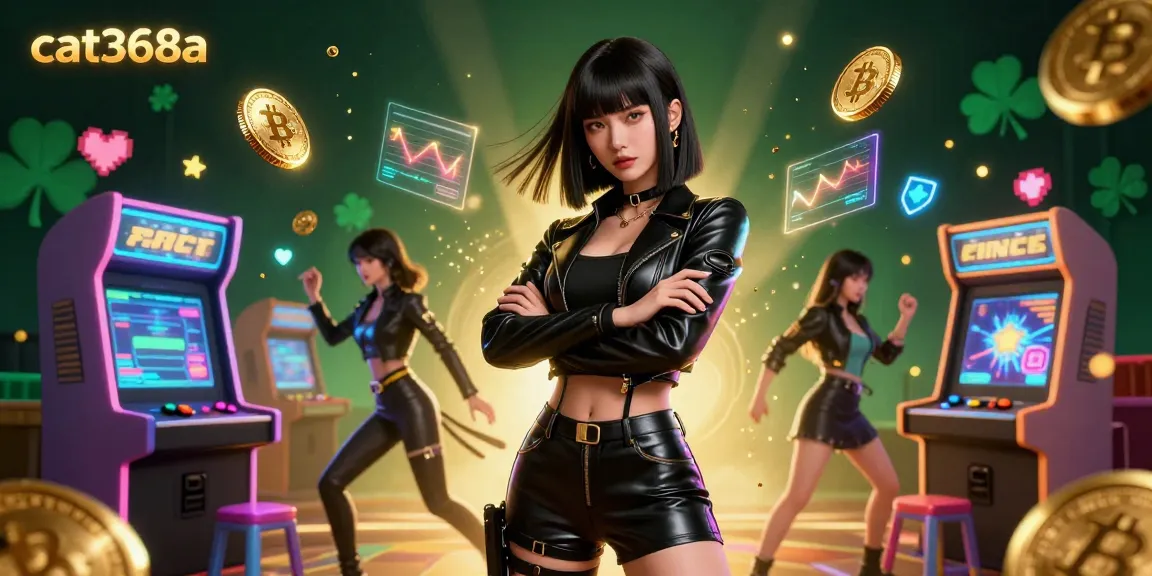 Engage with cat368a at a vibrant casino experience, featuring a stunning Asian woman with Bitcoin coins and neon holograms.