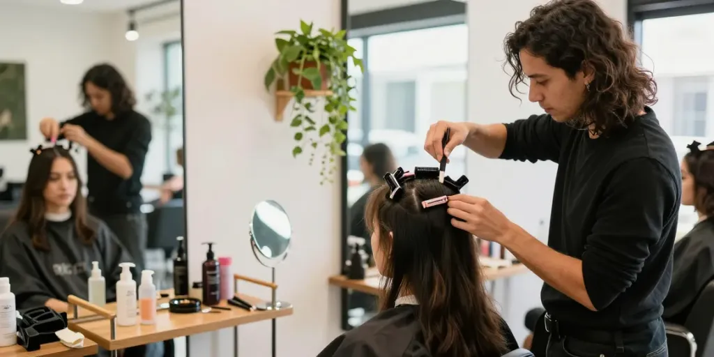 Scalp hair fill-ins clip ins being applied in a vibrant beauty salon, showcasing hair transformation.