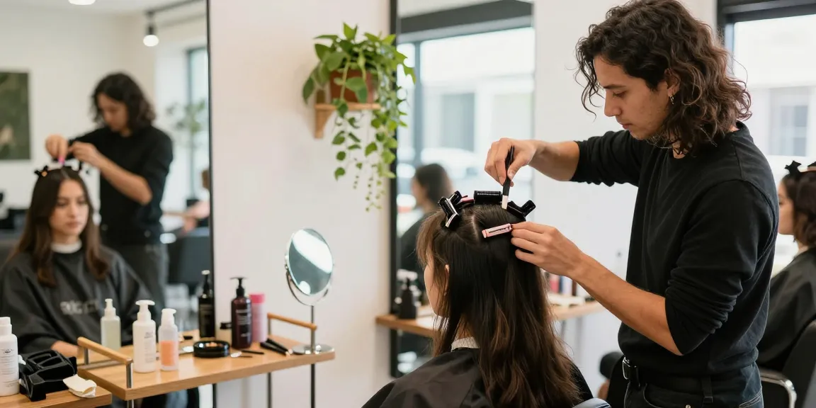 Scalp hair fill-ins clip ins being applied in a vibrant beauty salon, showcasing hair transformation.