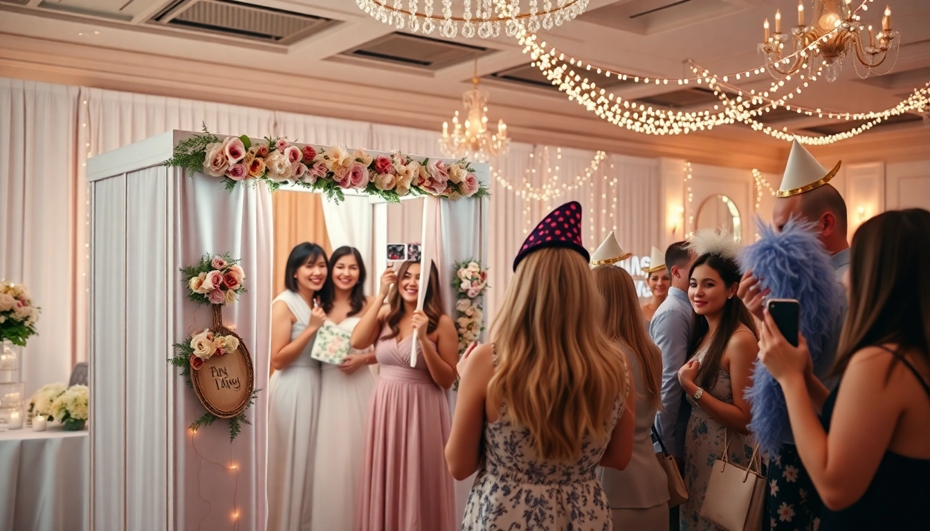 Experience the joy of photo booth rental at a wedding, featuring guests enjoying a colorful and festive setup.