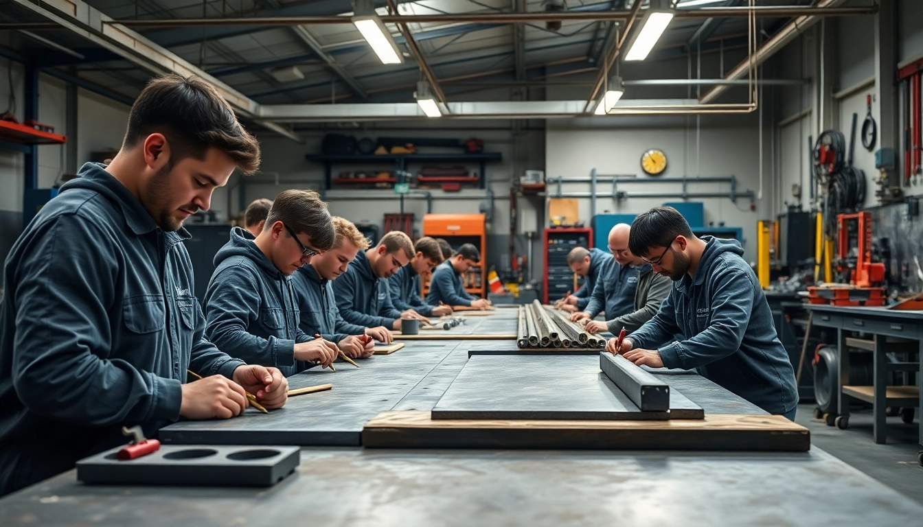 Engaged trainees participating in sheet metal training activity with hands-on experience.