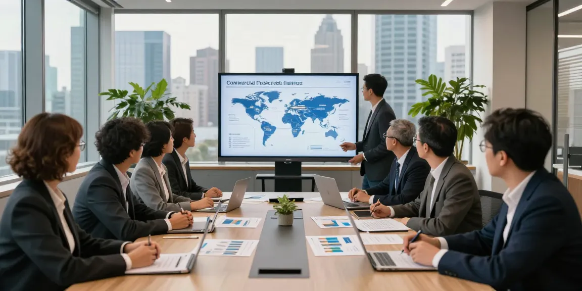 Engaged professionals discussing worldwide commercial project funds in a modern office setting