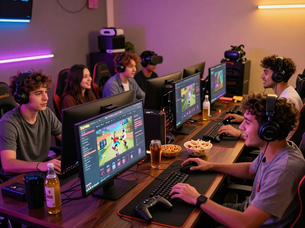 Friends enjoying a thrilling online gaming session on Sun Win platform, showcasing interactive gaming setups and lively atmosphere