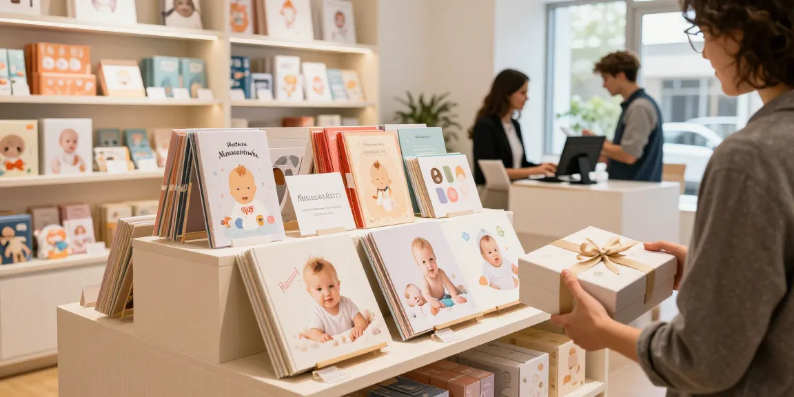 Shoplinks 4u showcasing a vibrant selection of baby albums and gift ideas in a modern retail environment.