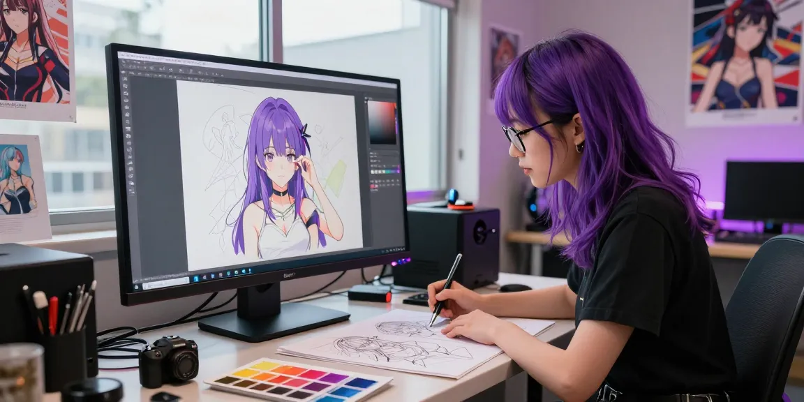 A young artist generating ai ecchi digital art in a vibrant creative studio with colorful palettes and anime posters.