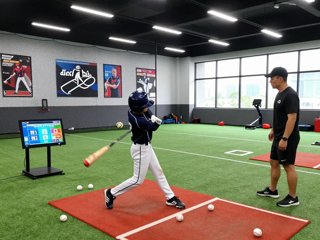 Hitclub athlete practicing swings in a professional indoor baseball training facility