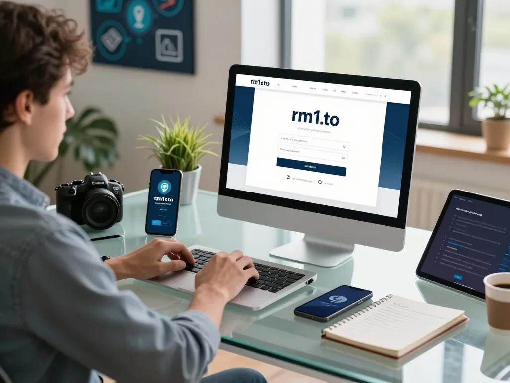 User accessing the rm1.to login page on a sleek laptop in a bright office, emphasizing secure and user-friendly design.