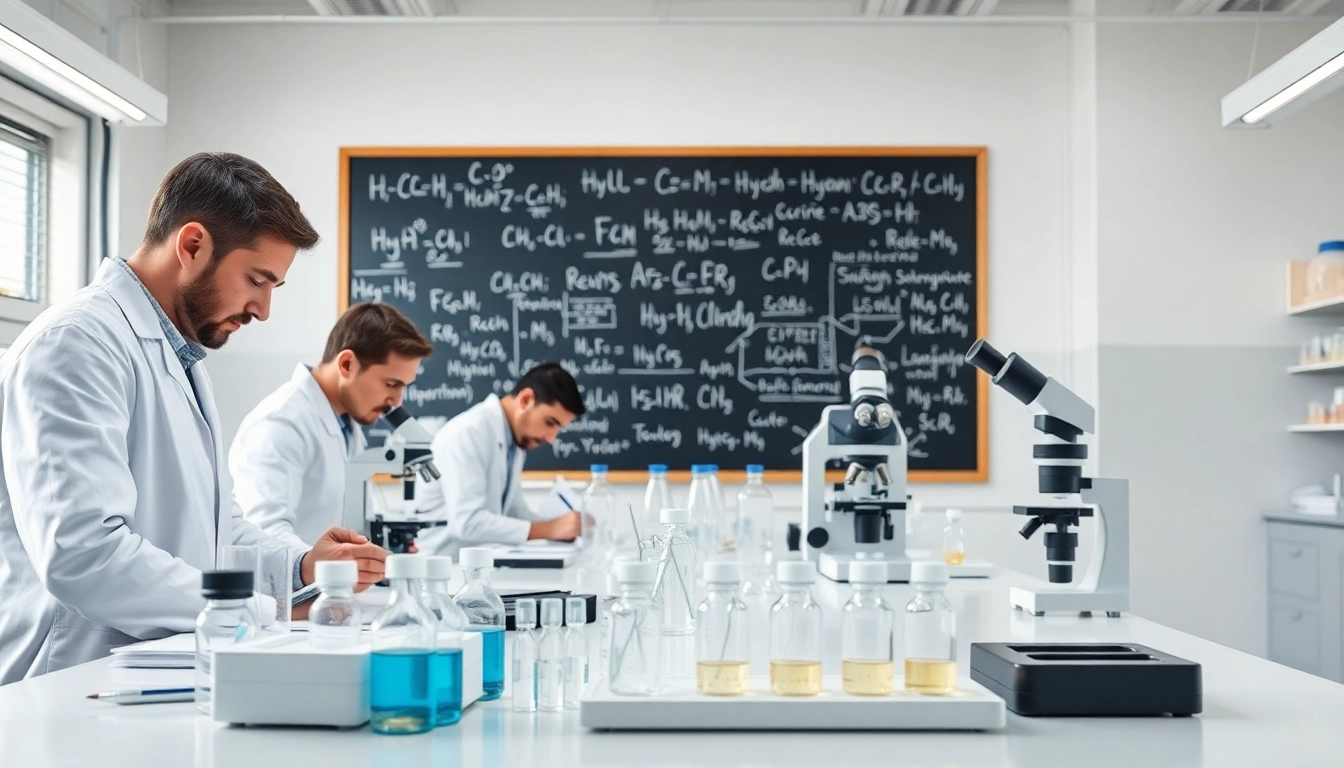 Showcase of hydro research peptides with scientists conducting experiments in a modern lab.