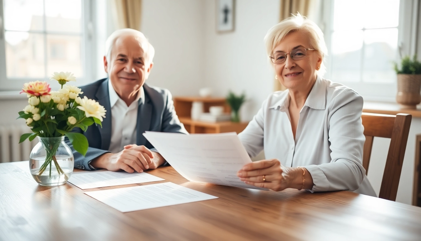 Enduring Guardian legal document being reviewed by a smiling elderly couple at home.