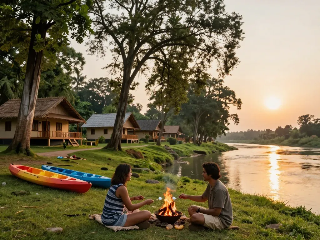 Dandeli resorts offering a romantic riverside retreat with cozy bonfire and lush greenery.