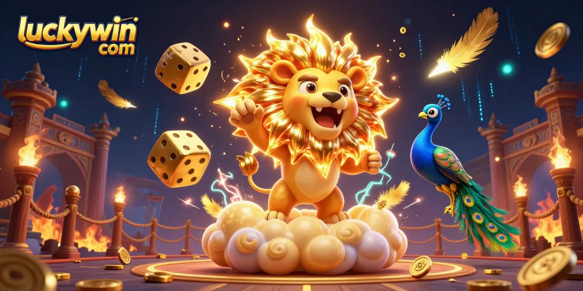 Experience epic gaming action with luckywin com, featuring golden dice, vibrant characters, and casino excitement.