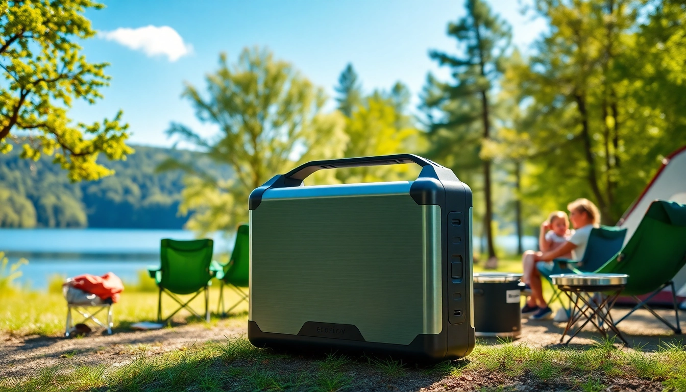 EcoFlow portable power station showcased in a vibrant camping scene amid nature's beauty.